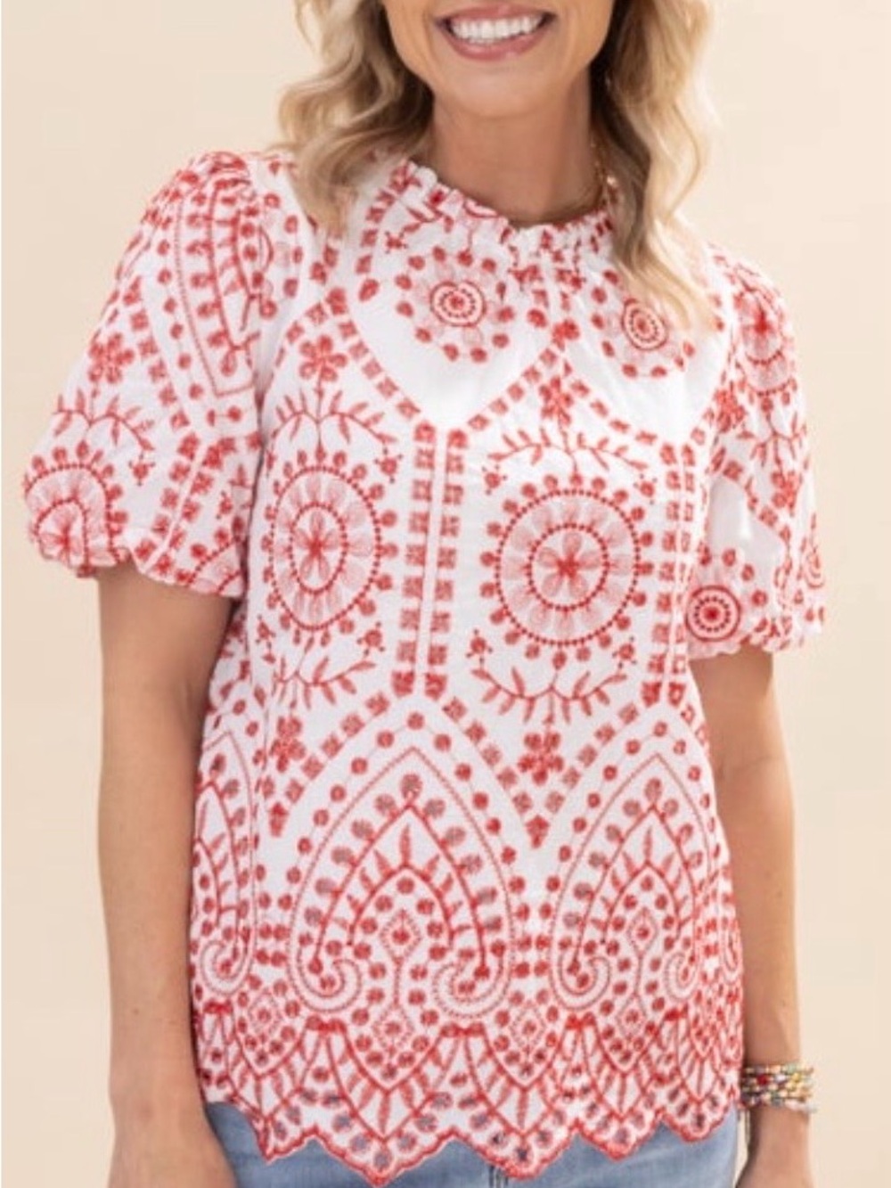 Embroidered Puff-Sleeve Top in Red and White